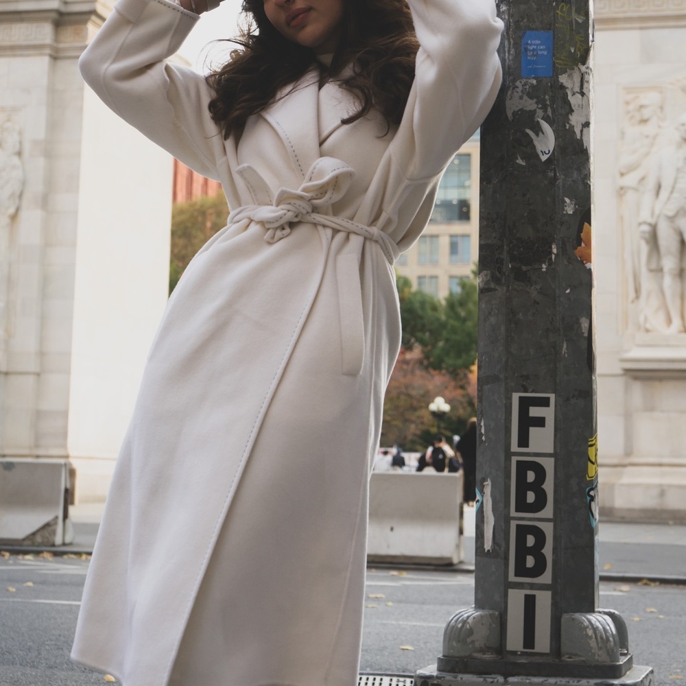 Cream/White Belted Coat Maje